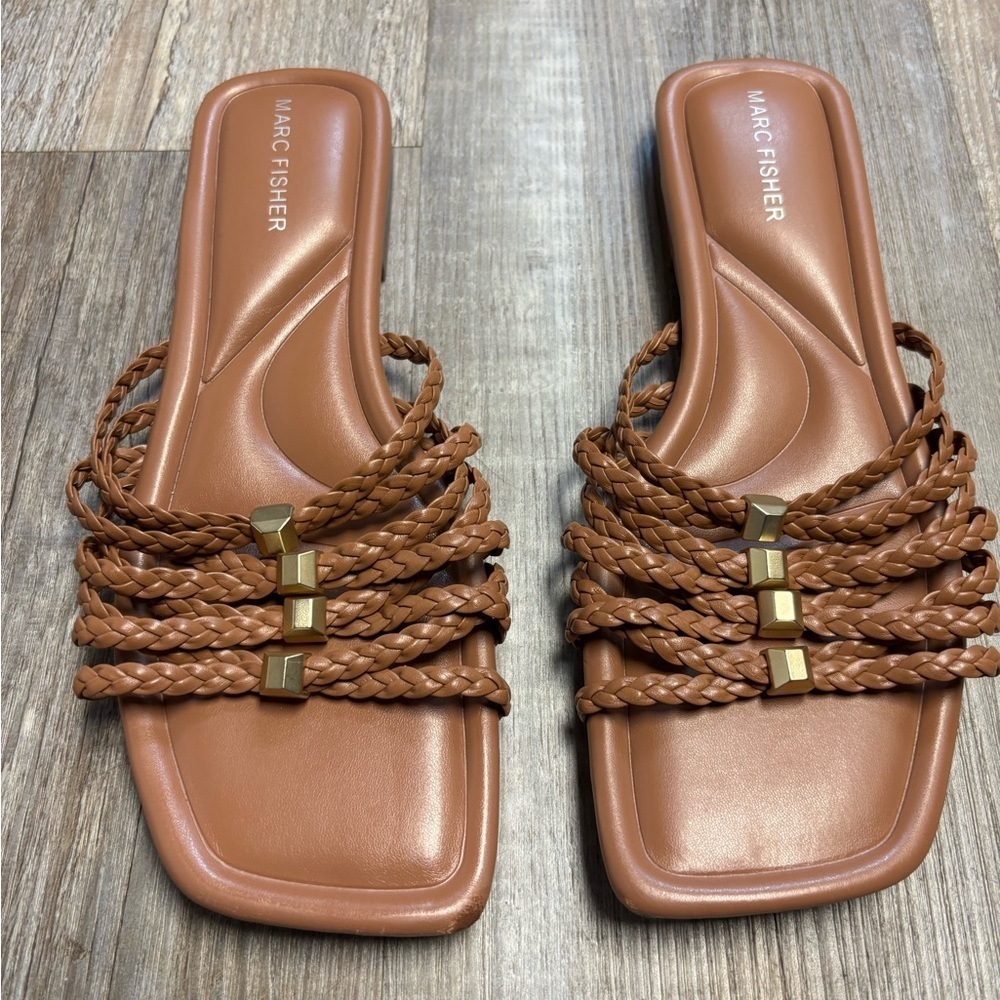 Marc Fisher Camel Tan Lalith Gold Decal Rope Square Toe Sandals